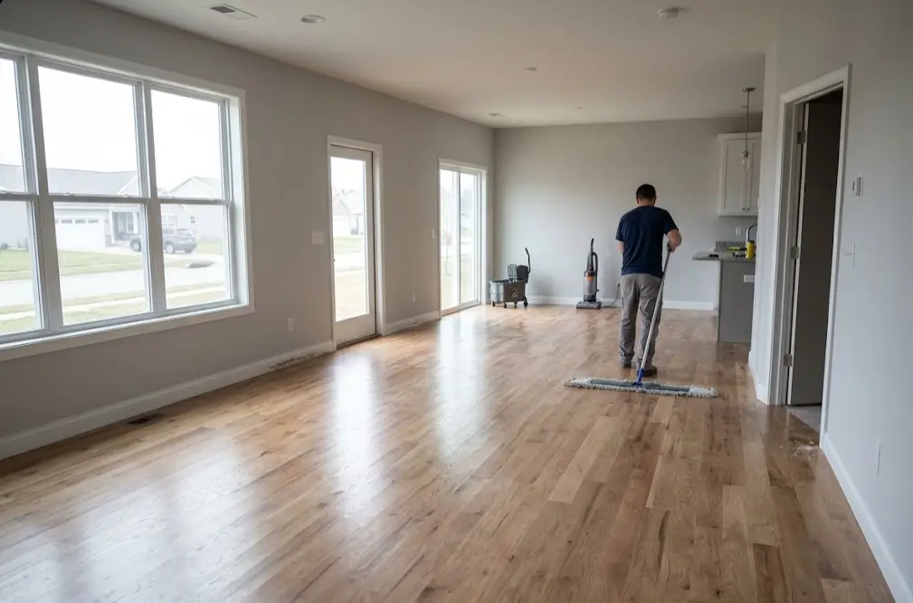 Final floor cleaning in a freshly finished home